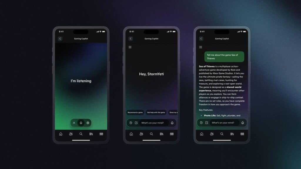 Three smartphone screens display a dark-themed AI chat app with a text and conversation interface, showcasing Copilot for Gaming Beta in action.