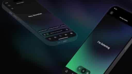 Two smartphones display dark-themed voice assistant interfaces with text "Hey, Streamlet!" and "I'm listening." Experience seamless in-game support with Copilot for Gaming Beta at your fingertips.