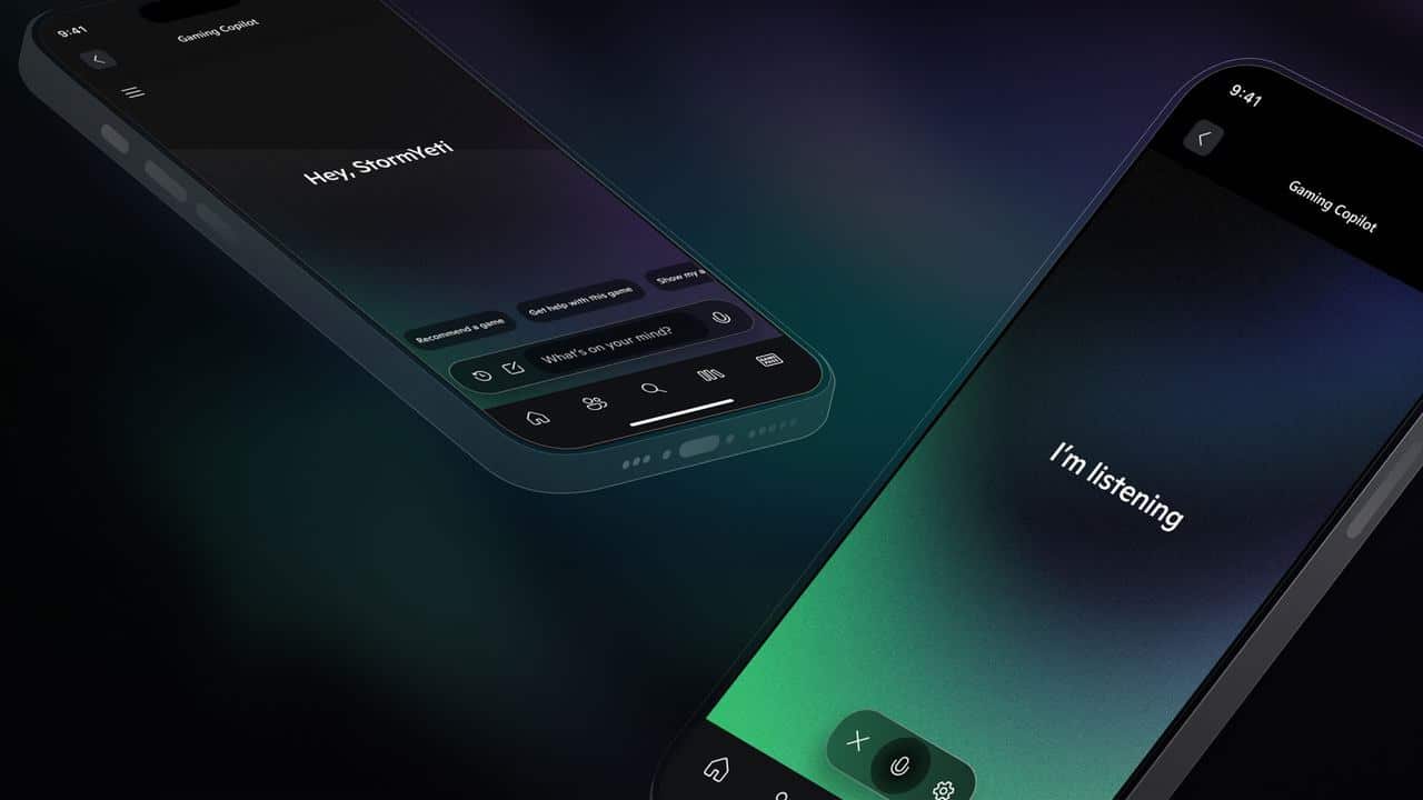 Two smartphones display dark-themed voice assistant interfaces with text "Hey, Streamlet!" and "I'm listening." Experience seamless in-game support with Copilot for Gaming Beta at your fingertips.