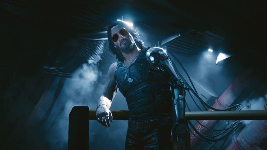 A man with long hair, sunglasses, and a robotic arm stands in a dark, smoky, futuristic setting—screens in the background display rumors about Nintendo Switch 2 specs.