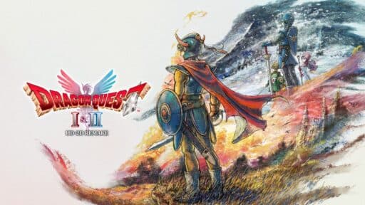 A warrior with a red cape faces ruins as two other heroes stand on a snowy hill. The Dragon Quest I & II HD-2D Remake logo appears on the left.