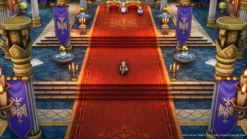 A small character stands on a red carpet in an ornate throne room with pillars, banners, and empty thrones, reminiscent of scenes from the Dragon Quest I & II HD-2D Remake.