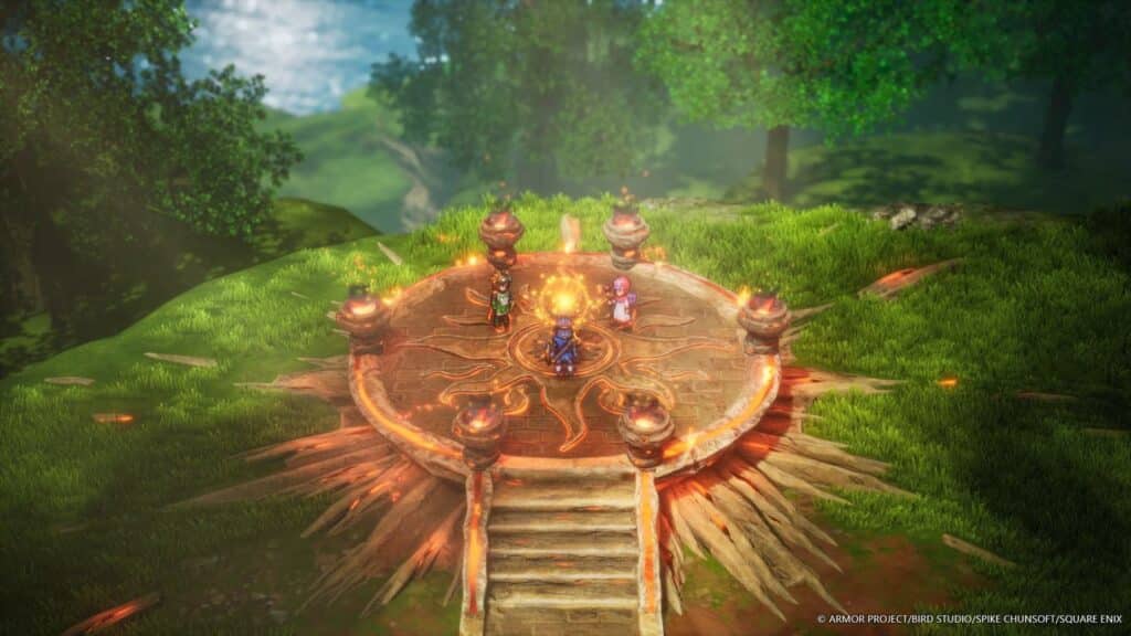 Three characters stand on a glowing, circular stone platform with fire decor in a lush, green forest clearing, evoking the vibrant style of the Dragon Quest I & II HD-2D Remake.