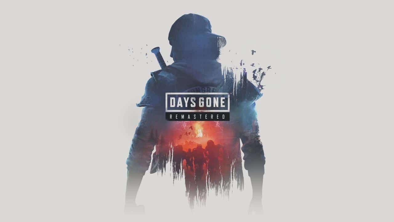 A striking silhouette of a man with a bat towers above the "Days Gone Remastered" title, shadowing a red crowd of ominous figures below.