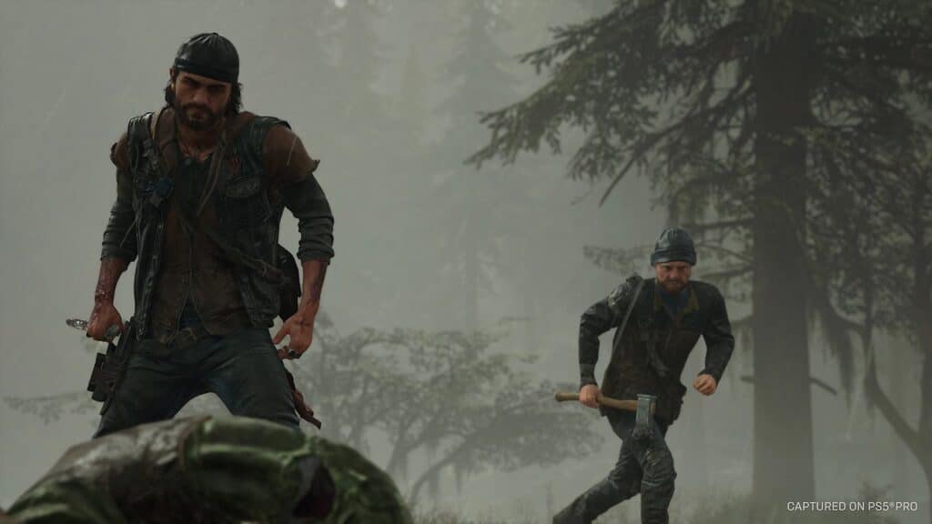 Two rugged men with weapons cautiously move through a misty forest in Days Gone Remastered, ready for danger.