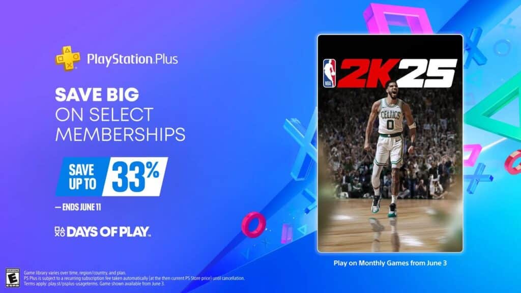 PlayStation Plus offers up to 33% off memberships during Days of Play 2025, with NBA 2K25 featured. Promo ends June 11.