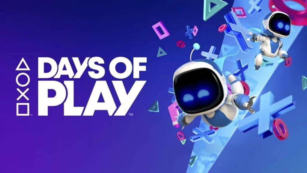 Two playful robots with PlayStation symbols and "Days of Play 2025" text on a vibrant blue and purple background.