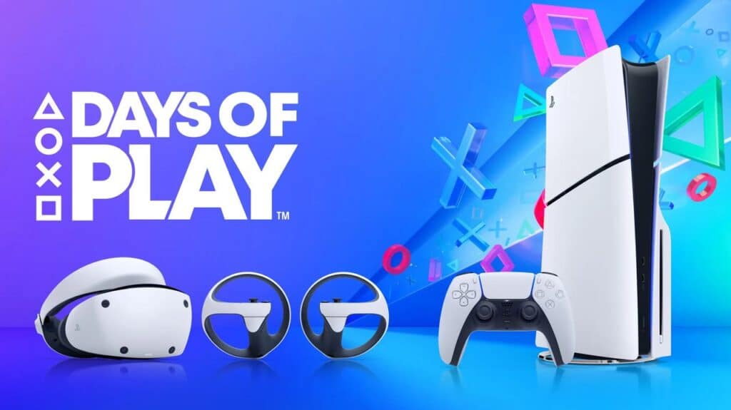 PlayStation VR headset, controllers, DualSense, and PS5 console on a blue "Days of Play 2025" background.