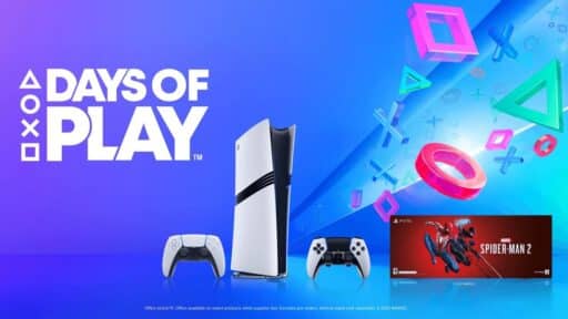 PlayStation Days of Play 2025 ad featuring the PS5 console, controllers, and Spider-Man 2 game on a vibrant, colorful background.