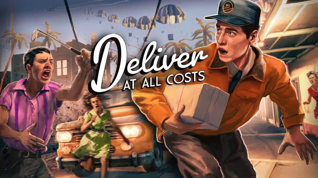 A startled delivery man runs with a package, determined to deliver at all costs, as chaos and people fleeing unfold behind him.