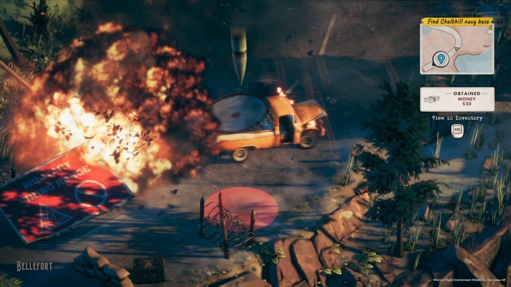 A Deliver At All Costs mission unfolds as a truck explodes near a military checkpoint in a forested area, heightening the tension in this intense video game scene.