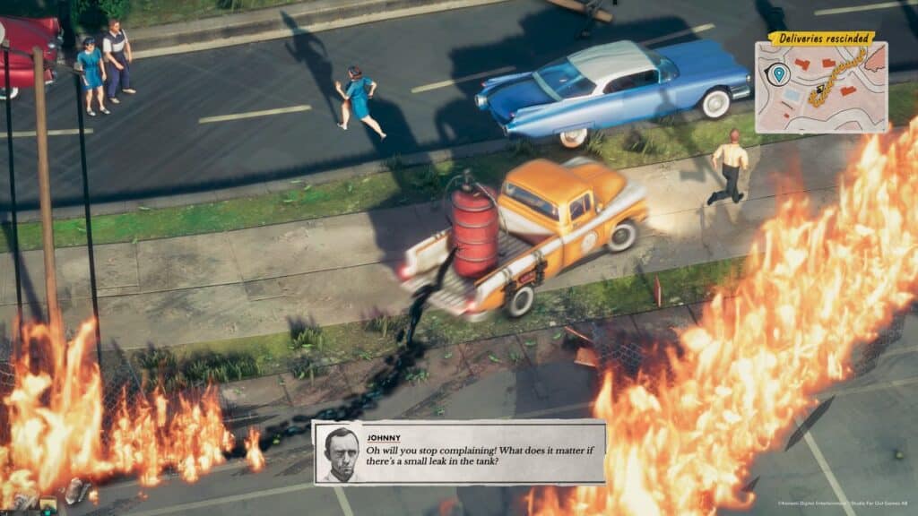 A pickup truck with a gas tank speeds through a flaming road, determined to deliver at all costs, as people and cars look on from the sidewalk.