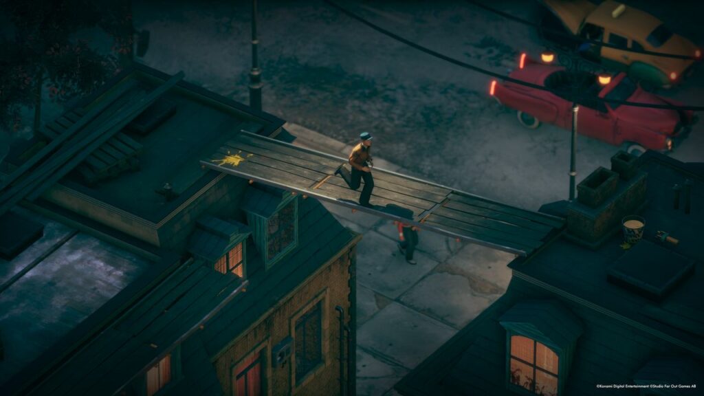 A person walks on wooden planks connecting rooftops above a street with cars at night, determined to deliver at all costs.
