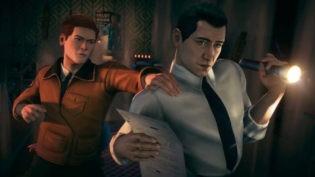 Two animated men indoors—one holds a flashlight and paper determined to Deliver At All Costs, while the other grabs his shoulder urgently.