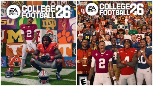 Split image: left side shows a football player posing, right side shows him with others, all in College Football 26 jerseys.