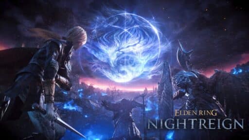 A fantasy warrior faces a glowing blue celestial figure in a dramatic, mystical landscape. Text: "Elden Ring: Nightreign".