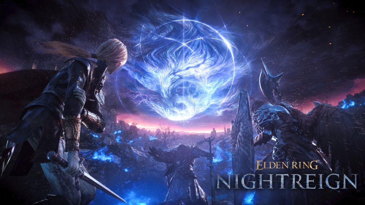 A fantasy warrior faces a glowing blue celestial figure in a dramatic, mystical landscape. Text: "Elden Ring: Nightreign".