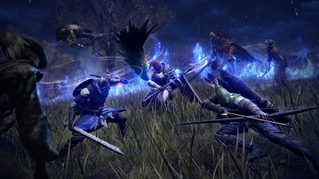 Armored warriors with swords and magic clash in a dark, grassy field shrouded in Elden Ring Nightreign, blue energy glowing around them.