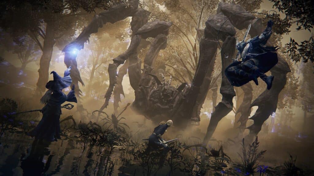 Three fantasy warriors battle a giant spider creature in a misty, enchanted forest reminiscent of Elden Ring Nightreign.