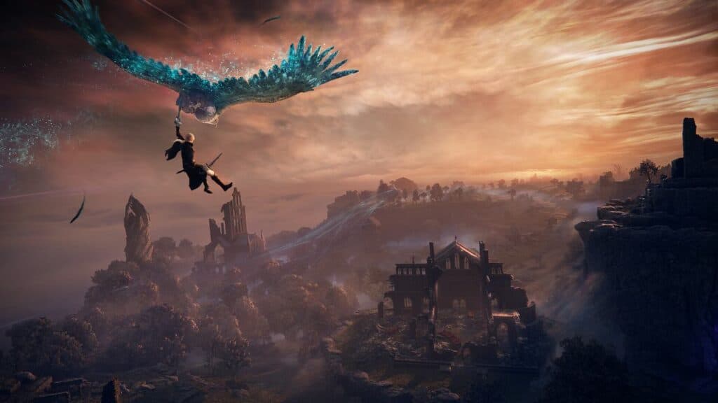 A person clings to a giant blue bird soaring over ancient Elden Ring Nightreign ruins at sunset.