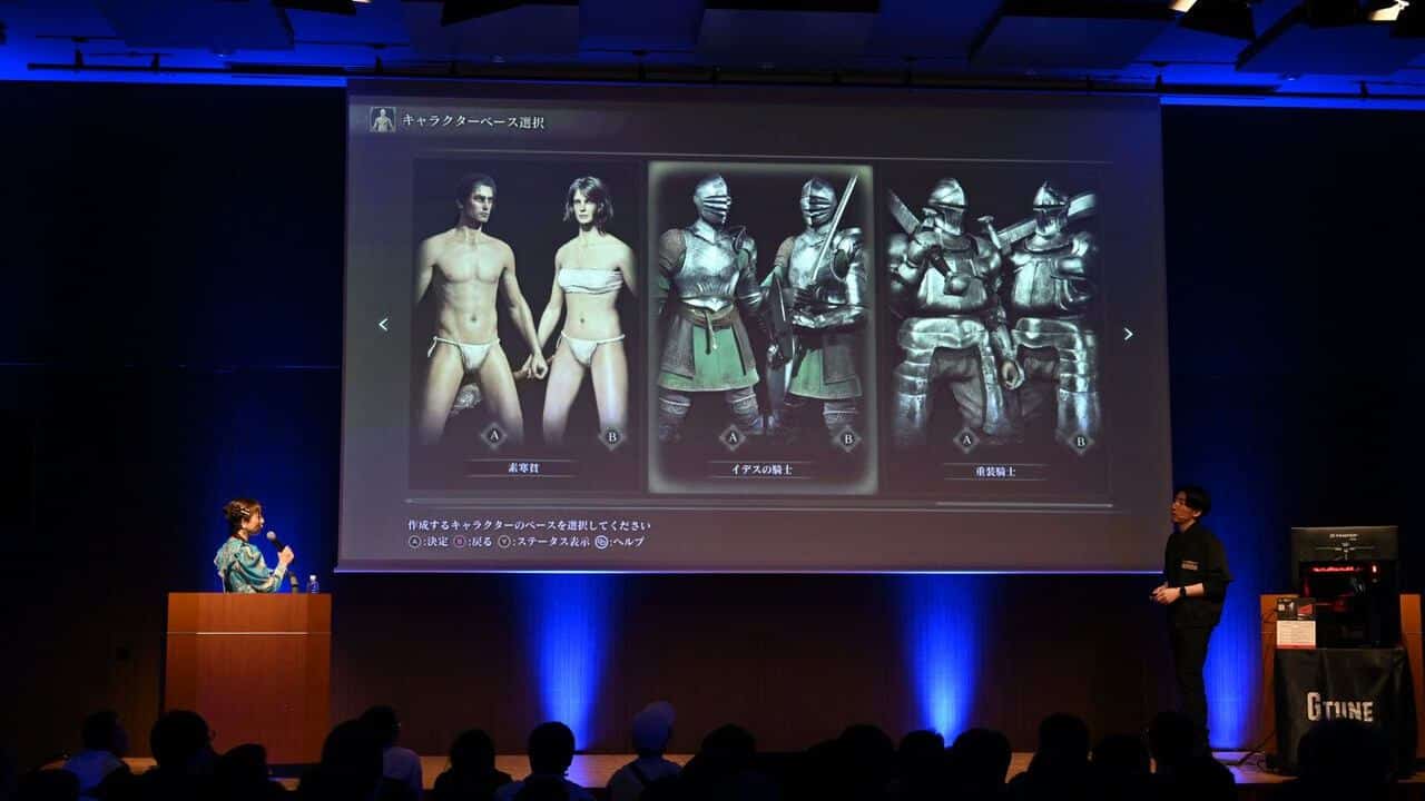 Two presenters showcase the Elden Ring Tarnished Edition character customization screen to an eager audience in a dark auditorium, hinting at its upcoming release for Nintendo Switch 2.