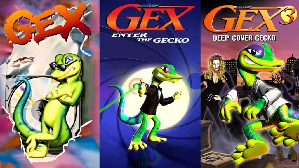Three video game covers featuring Gex, a cartoon gecko in sunglasses and suits, with colorful backgrounds—possibly hinting at his return in Embracer's FY 2025 game slate.