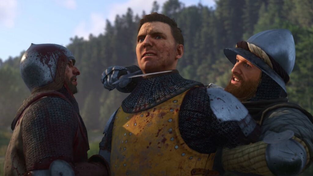 A knight is held at knifepoint between two armored men in a forest clearing, hinting at the tense drama reminiscent of Embracer's FY 2025 game slate.