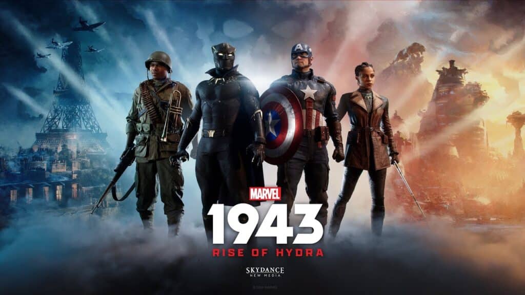 Four Marvel heroes stand together with the Eiffel Tower and ruins behind them; text reads "1943: Rise of Hydra," a highlight of Embracer's FY 2025 game slate.