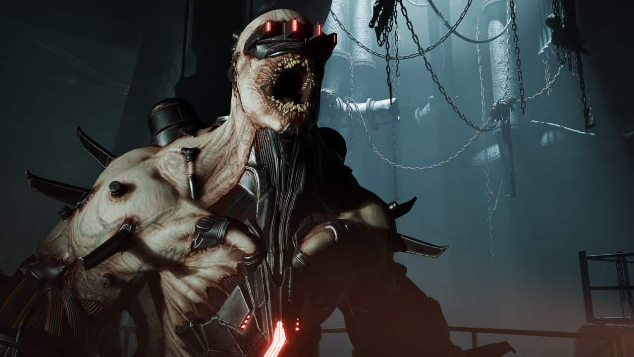 A monstrous humanoid creature with spiked armor, cybernetic features, and a gaping mouth roars menacingly—a fearsome adversary fit for Embracer's FY 2025 game slate.