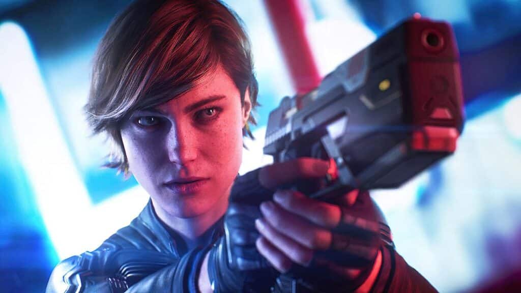 A woman with short hair points a futuristic handgun, lit by blue and red neon lights—a scene reminiscent of the cyberpunk worlds teased in Embracer's FY 2025 game slate.