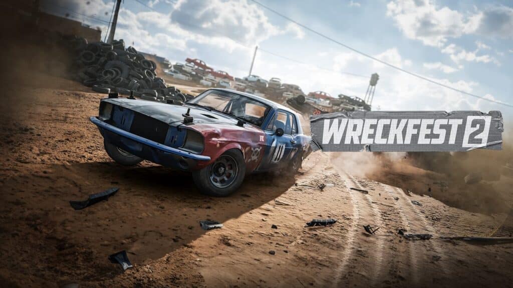A damaged race car drifts on a dirt track with the "Wreckfest 2" logo in the background, highlighting its place in Embracer's FY 2025 game slate.