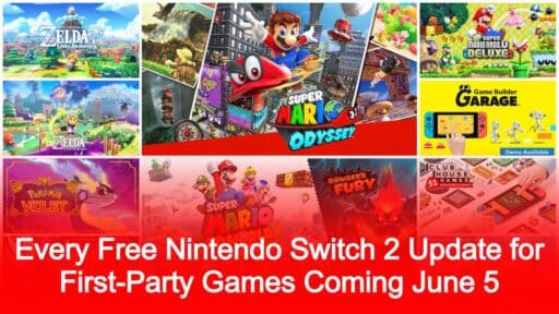 Collage of Nintendo Switch game covers with text: "Nintendo Switch 2 game updates... Coming June 5" in red banner.