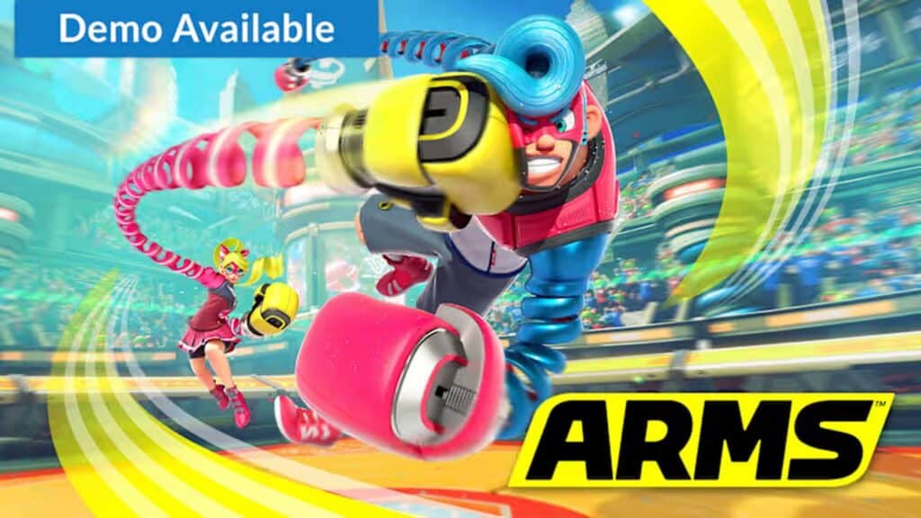 Two colorful characters with extendable arms boxing in an arena, "ARMS" and "Demo Available" displayed, highlight the excitement of potential Nintendo Switch 2 game updates.