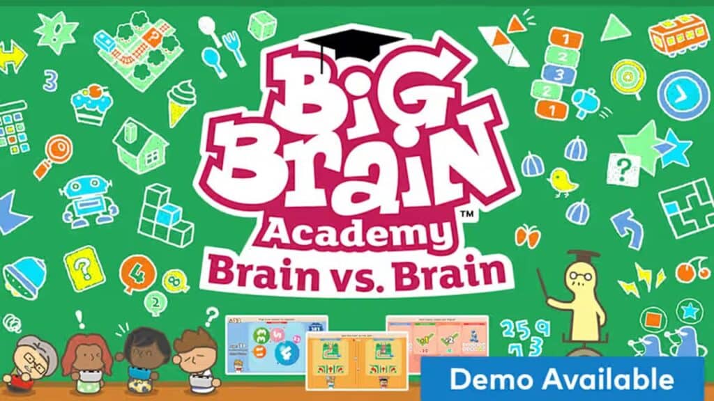 Green chalkboard with "Big Brain Academy: Brain vs. Brain" logo, cartoon icons, and "Demo Available" text—perfect for fans looking out for Nintendo Switch 2 game updates.