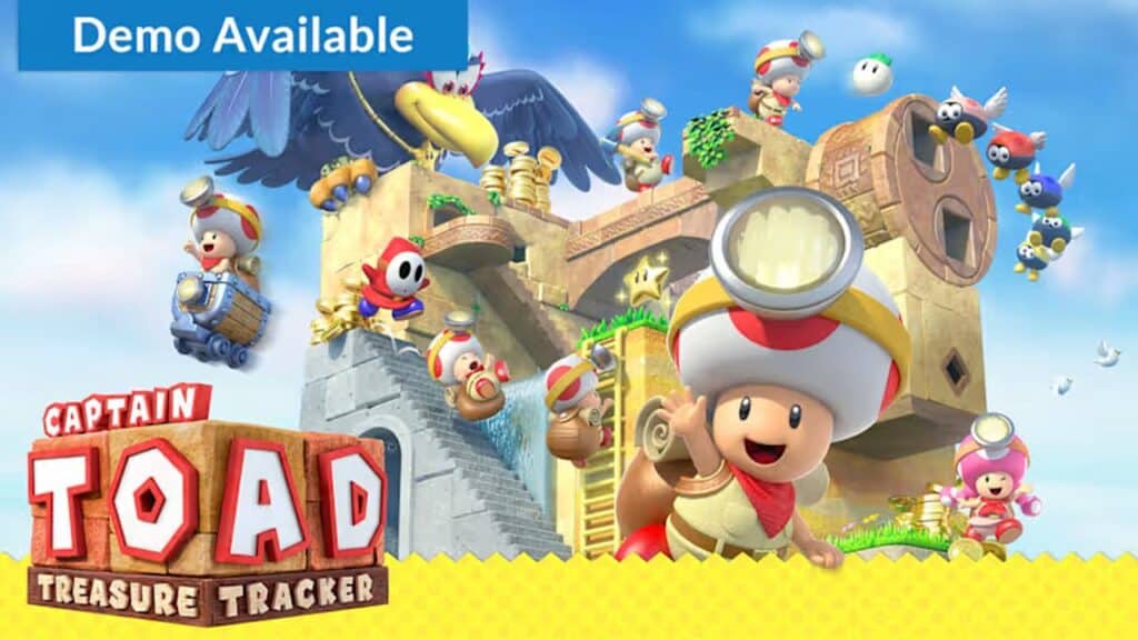 Captain Toad and friends explore a colorful, puzzle-filled world; "Demo Available" text is shown at the top, plus Nintendo Switch 2 game updates enhance the adventure.