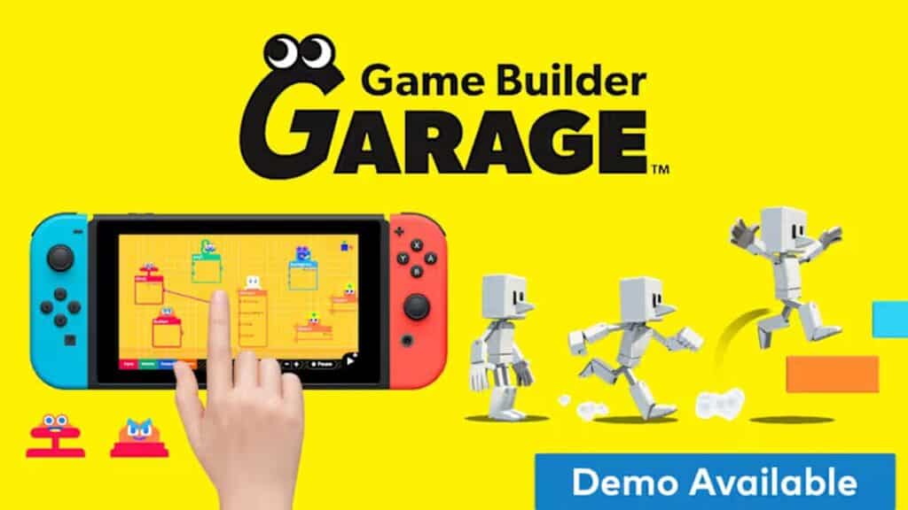 A hand touches a Nintendo Switch screen displaying Game Builder Garage, with robots and “Demo Available” text, suggesting possible Nintendo Switch 2 game updates.