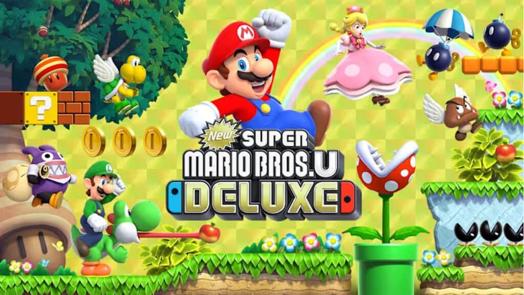 Mario and friends jump through a colorful platform world in the "New Super Mario Bros. U Deluxe" game cover, now with exciting Nintendo Switch 2 game updates.