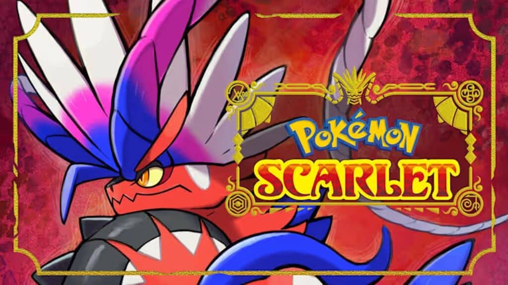 A red dragon-like Pokémon with spikes is featured next to the Pokémon Scarlet logo on a red background, hinting at possible Nintendo Switch 2 game updates.