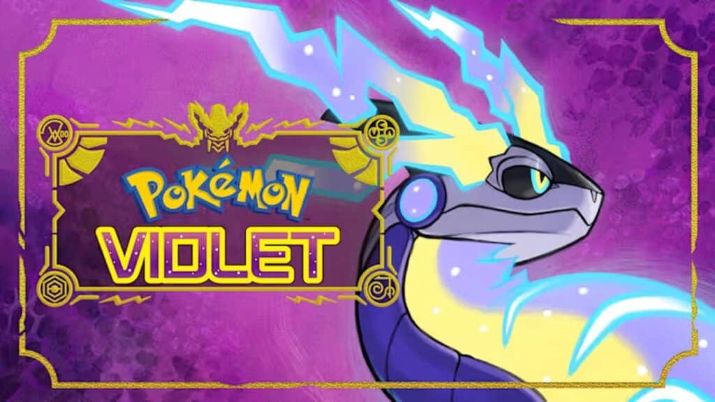 A stylized dragon Pokémon with glowing accents stands beside the "Pokémon Violet" logo on a purple background, inspired by recent Nintendo Switch 2 game updates.