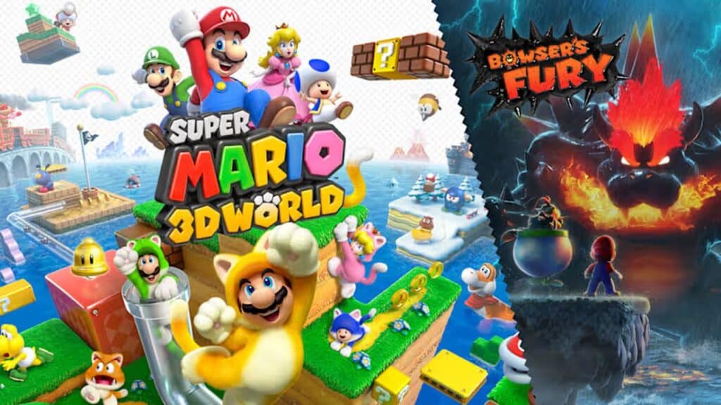 Super Mario characters in a colorful 3D world, with Bowser’s Fury on the right amid dark stormy skies, hint at exciting Nintendo Switch 2 game updates.