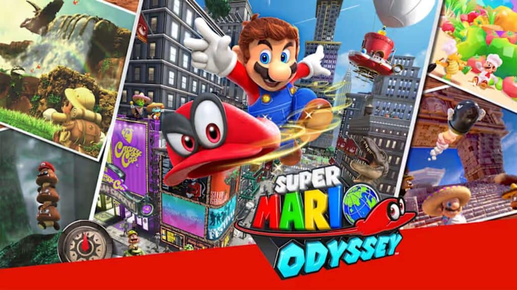 Mario jumps with Cappy in colorful worlds; "Super Mario Odyssey" logo is displayed at the bottom, hinting at possible Nintendo Switch 2 game updates.