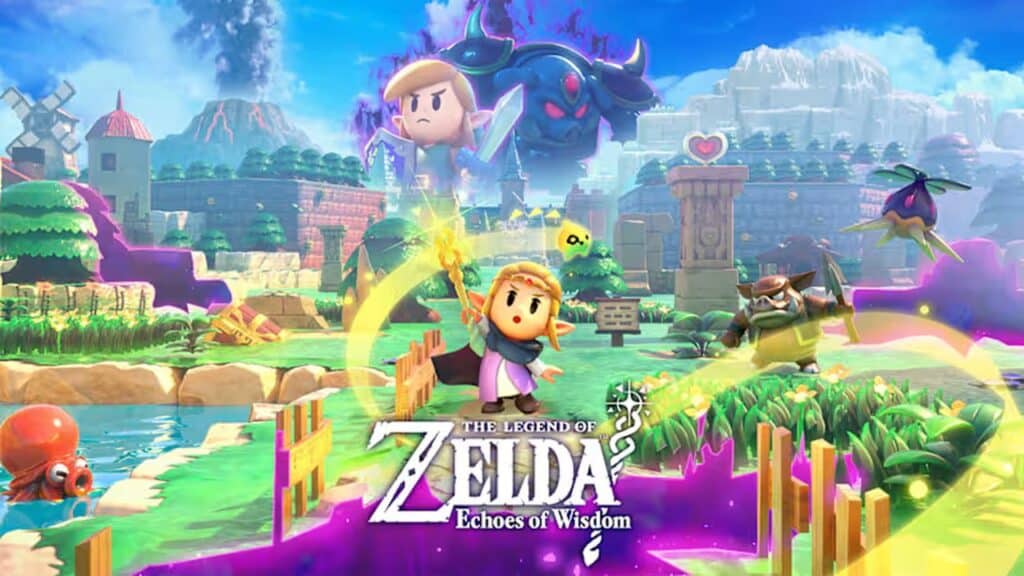 Cartoon-style Zelda characters in a colorful fantasy landscape with "The Legend of Zelda: Echoes of Wisdom" title, inspired by the latest Nintendo Switch 2 game updates.