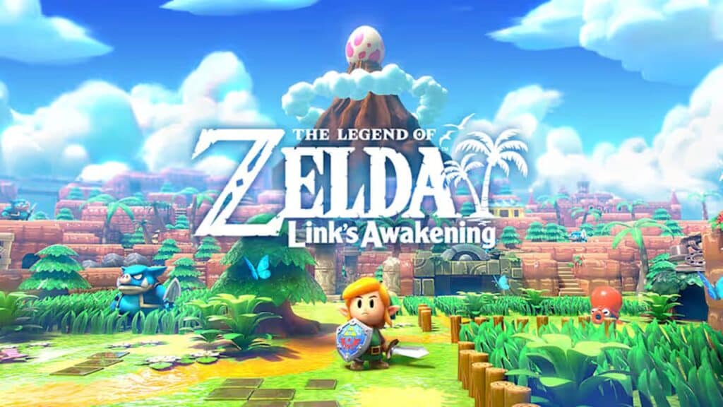 Link stands with sword and shield on a colorful island beneath "The Legend of Zelda: Link's Awakening" title, ready for adventure and Nintendo Switch 2 game updates.