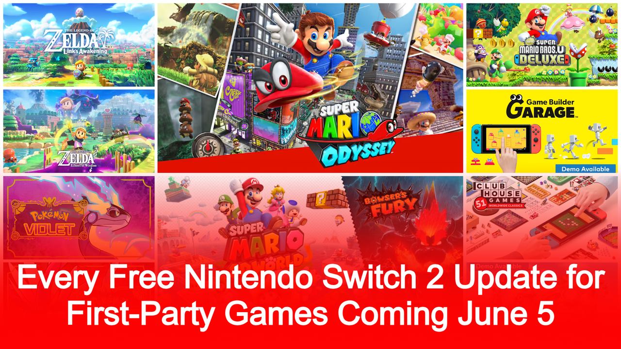 Collage of Nintendo Switch game covers with text: "Nintendo Switch 2 game updates... Coming June 5" in red banner.