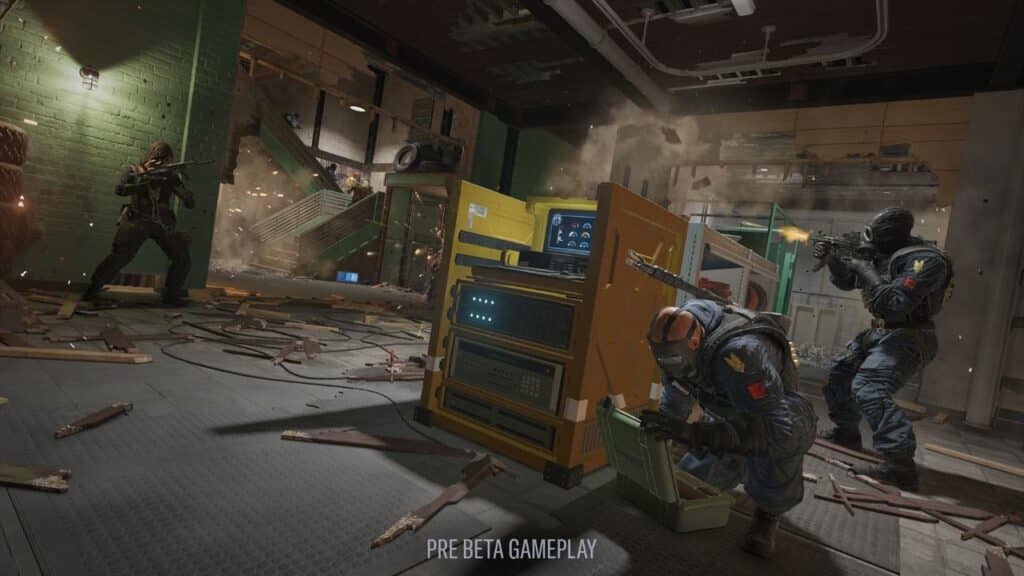 Three armored soldiers engage in a gunfight inside a damaged, debris-filled room with high-tech equipment, reminiscent of intense Rainbow Six Siege X tactical battles.