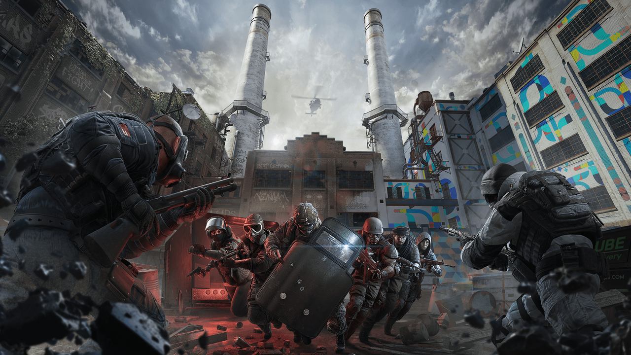 Heavily armed soldiers clash outside an industrial building in this intense Rainbow Six Siege X scene, with smoke billowing and a helicopter hovering overhead.