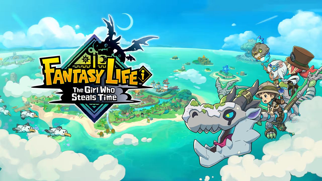Vibrant game art of Fantasy Life i: The Girl Who Steals Time showcases characters soaring on a dragon above a lush island.