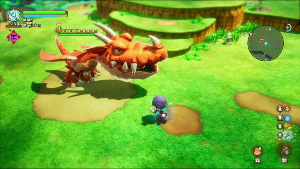 A character faces a large red dragon in a colorful, grassy video game environment with a user interface visible, reminiscent of the vibrant worlds found in Fantasy Life i: The Girl Who Steals Time.