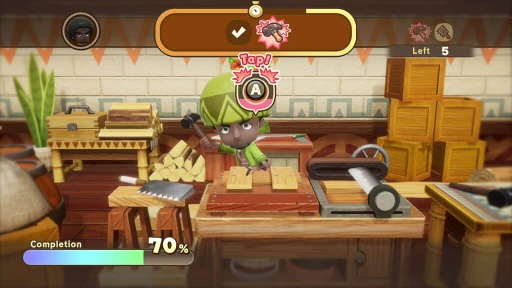 A character in green chops wood in Fantasy Life i: The Girl Who Steals Time, with a progress bar at 70% and an "A" button prompt above.