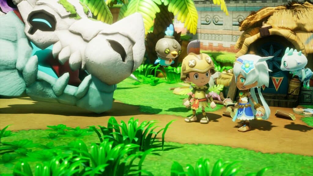 Two cartoon characters stand by a dinosaur skull and hut in a colorful, tropical village with cute creatures nearby, evoking the whimsical world of Fantasy Life i: The Girl Who Steals Time.